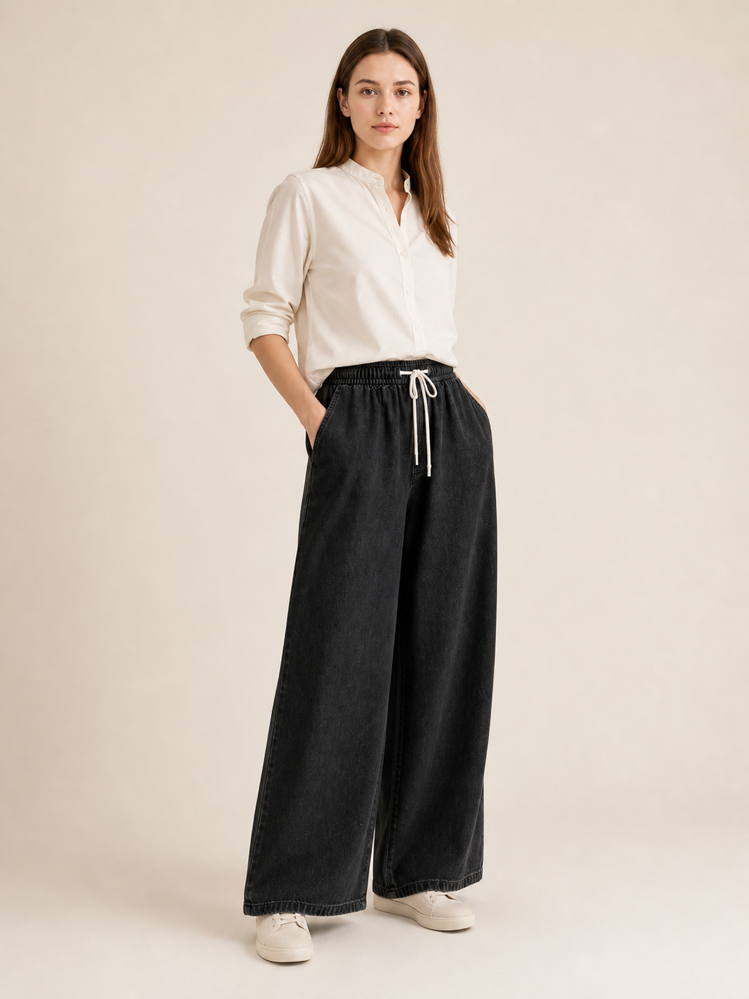 Wide Black Drawstring Pants with Pockets