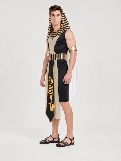 Pharaoh Costume with Nemes Headdress and Golden Hieroglyphs