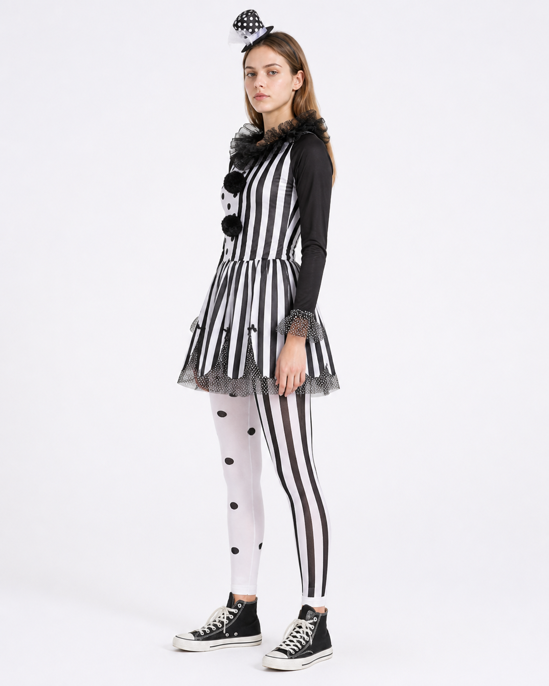 Polka Dot and Striped Clown Costume with Pom-Poms side view