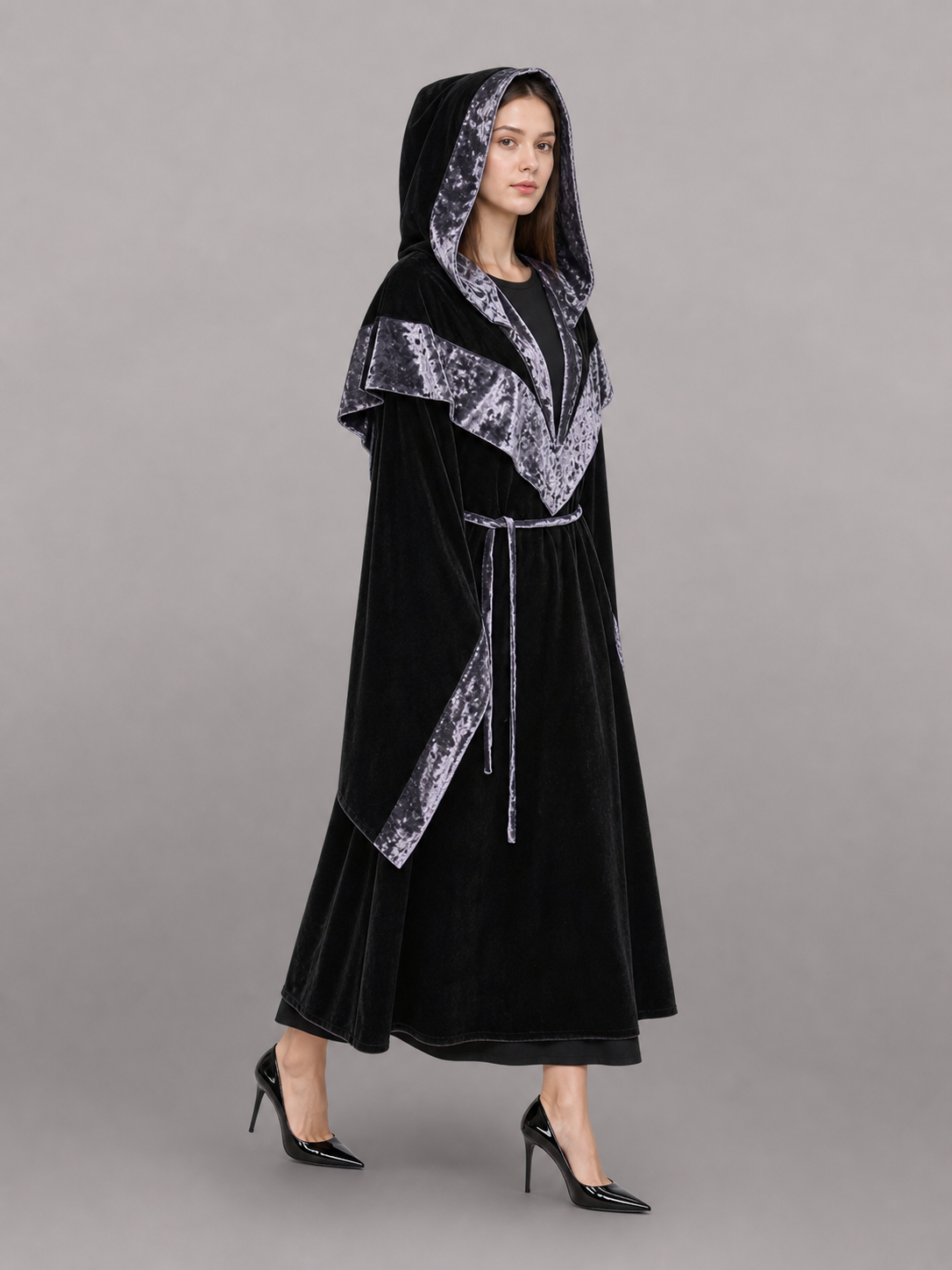 Black Carnival Cloak with Hood and Trim
