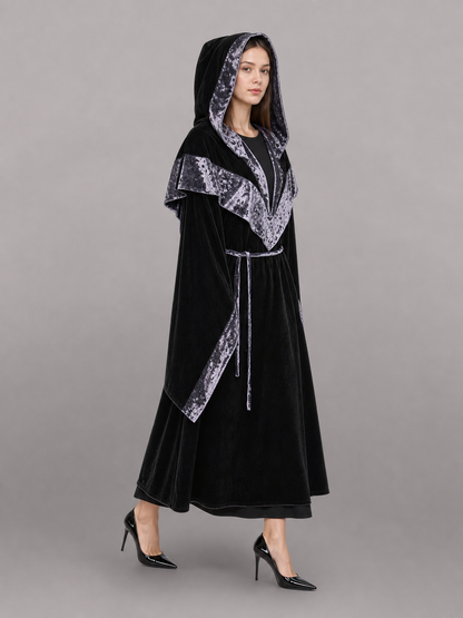 Black Carnival Cloak with Hood and Trim