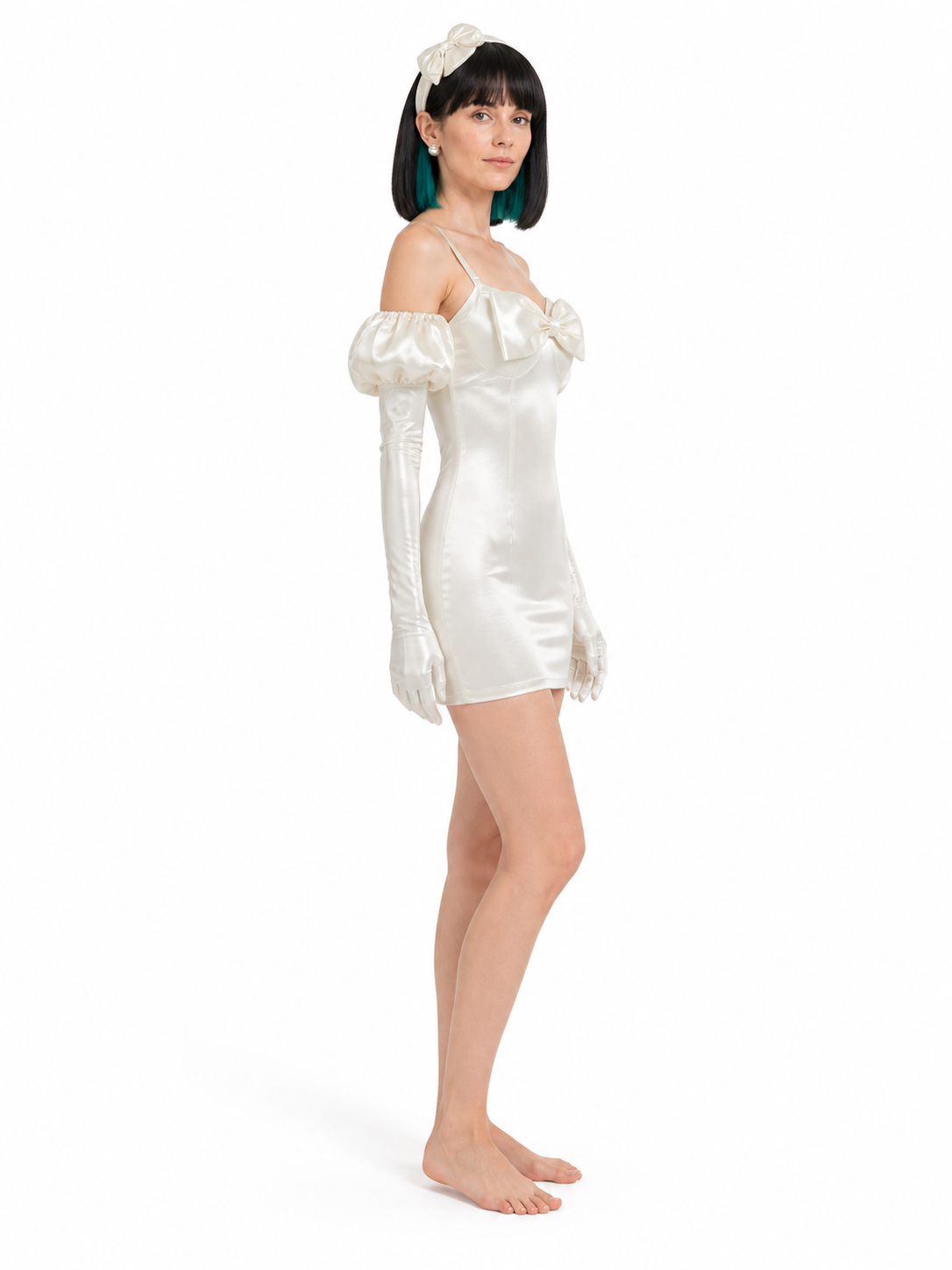 White Short Cosplay Dress with Bow and Wig side view