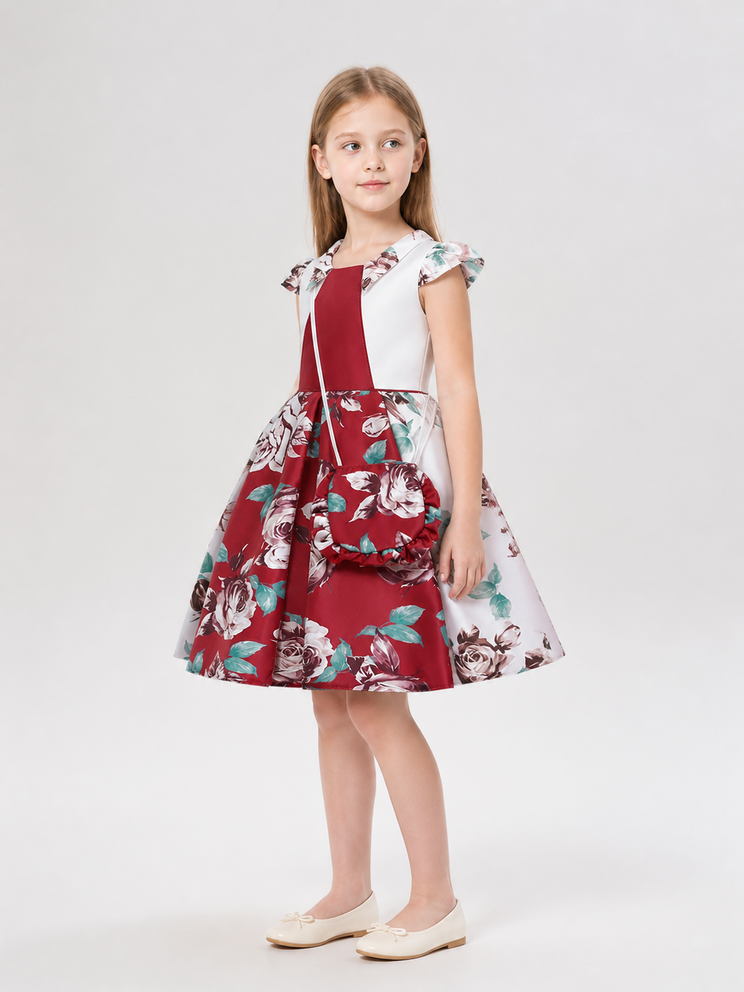 Burgundy Princess Dress with Floral Print and Handbag side view