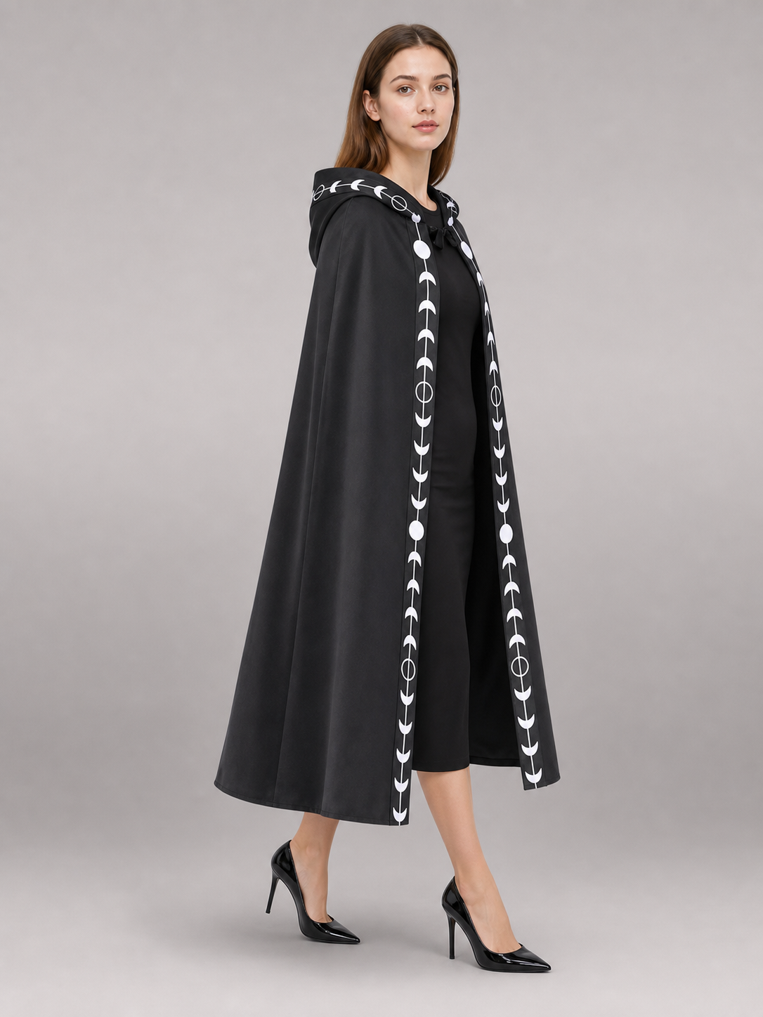 Black carnival cloak with a pointed hood