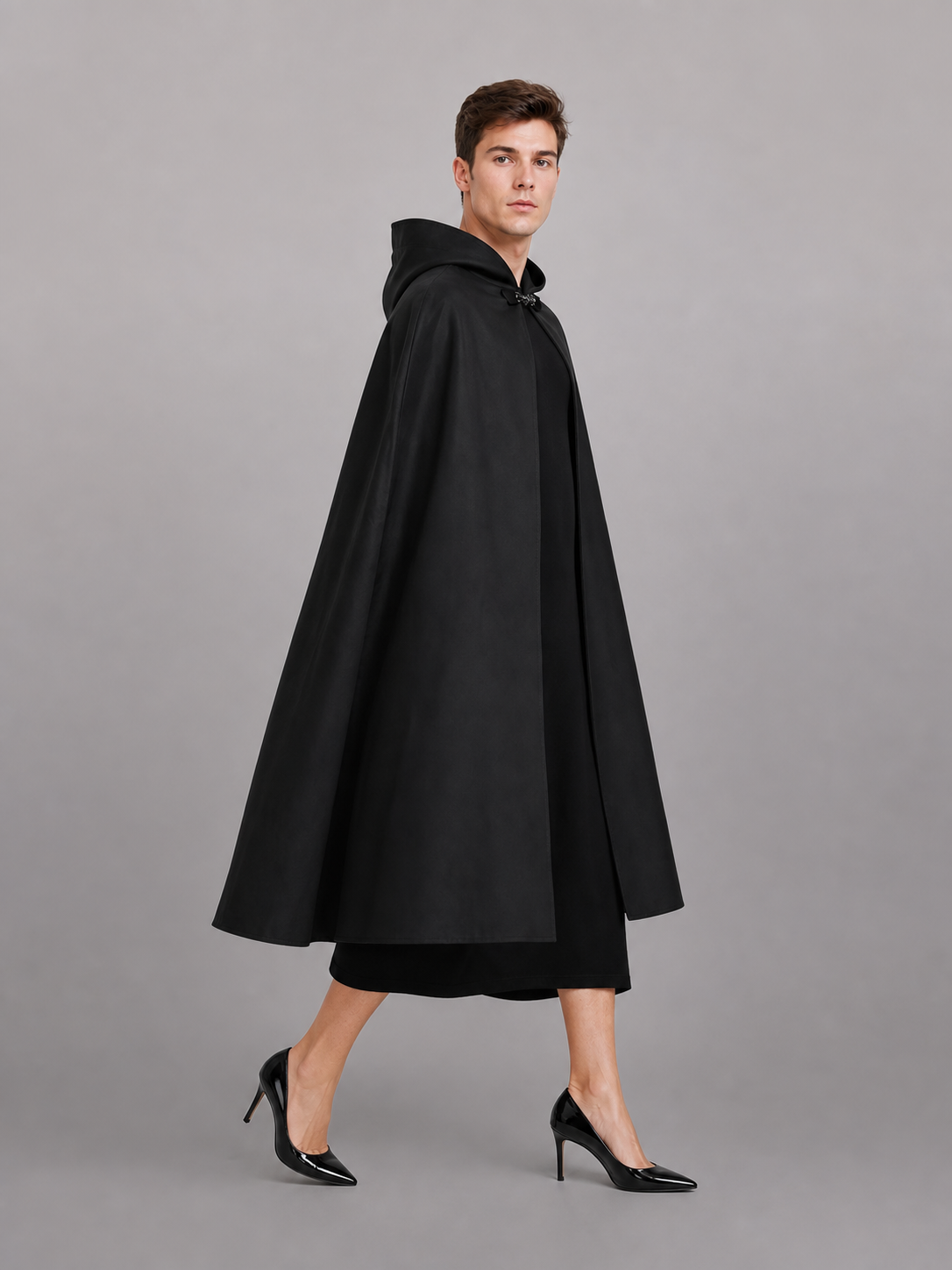 Long black hooded carnival cloak