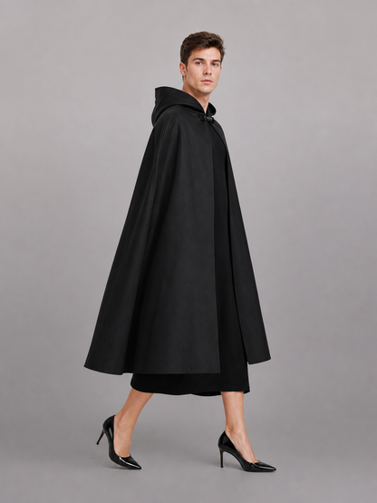 Long black hooded carnival cloak