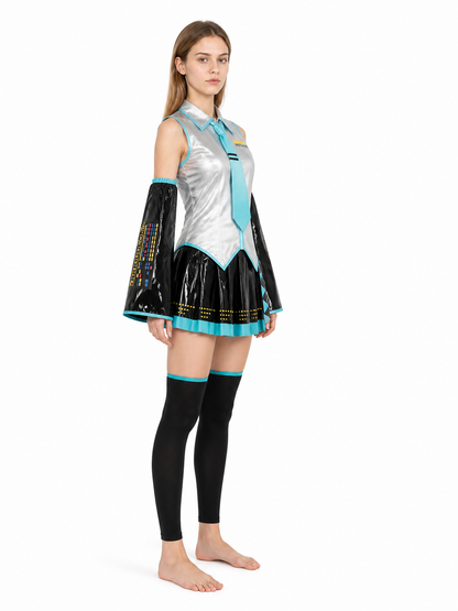 Miku Anime Costume, Silver and Black with Skirt and Leg Warmers side view