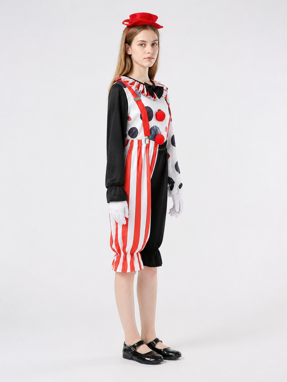 Clown Costume with Red Suspenders and Bow Tie side view
