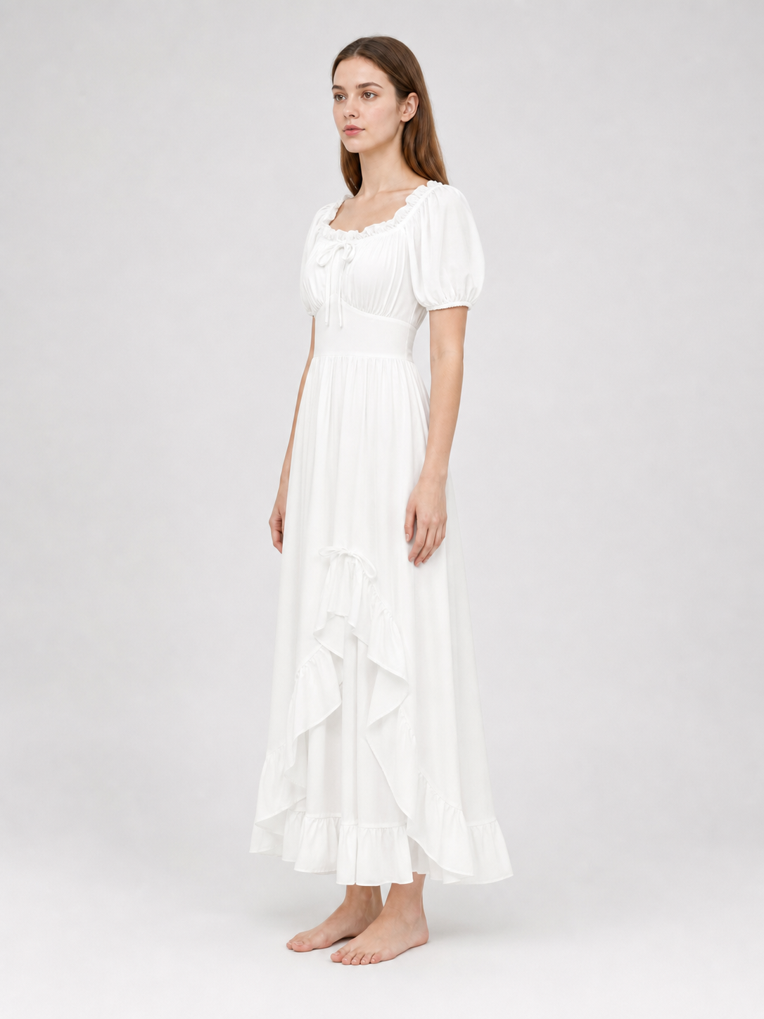 White Midi Dress with a Corset-Style Bodice and Ruffles
