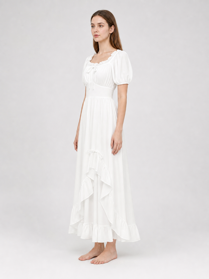 White Midi Dress with a Corset-Style Bodice and Ruffles