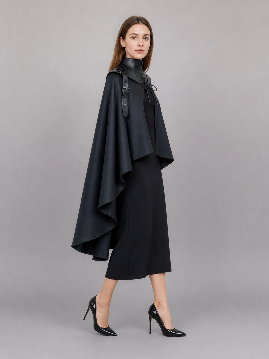 Black Carnival Cloak with a High Collar