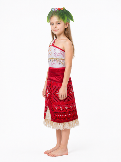 Moana Princess Dress, Red with Fringe side view