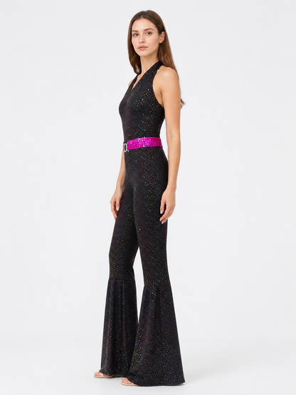Sequin Jumpsuit, Sleeveless, Flared-Leg Pants side view