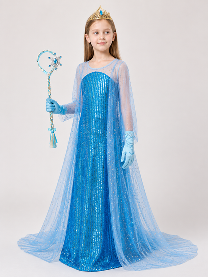 Snow Queen Carnival Costume with Sequins and Train side view