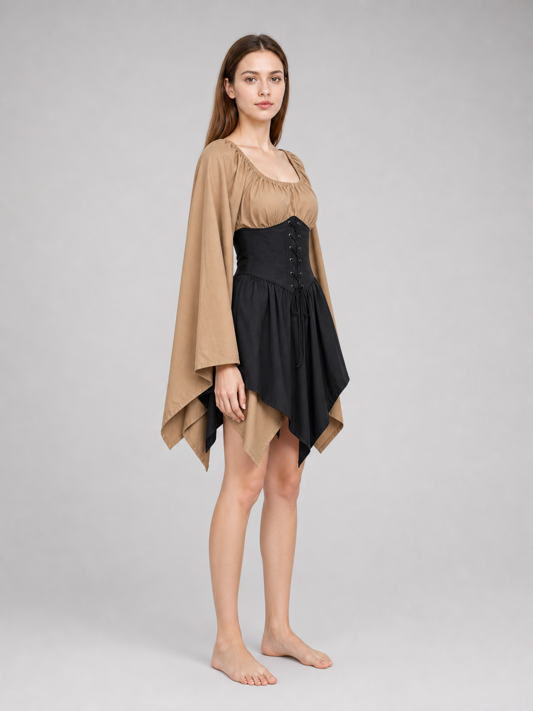 Gothic fantasy corset dress with long sleeves side view 2
