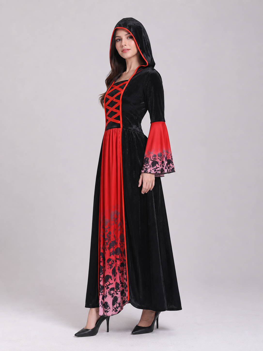 Gothic Hooded Dress with Skulls