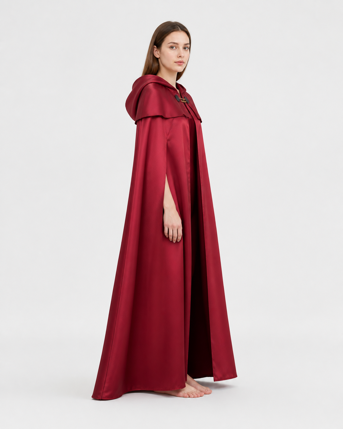 Red Long Hooded Cloak with Pendant side view