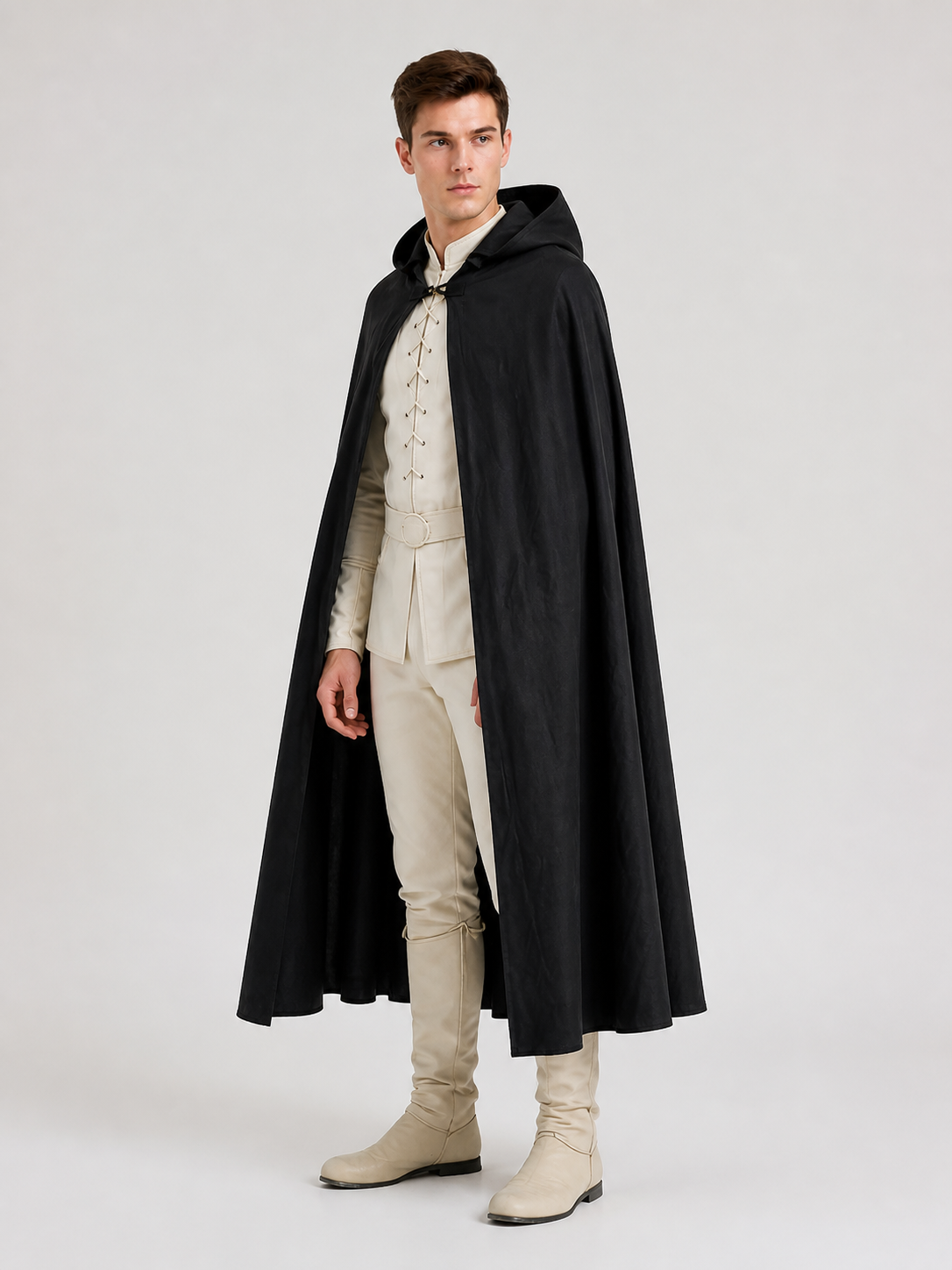 Black Long Hooded Cotton-Linen Cloak side view 4