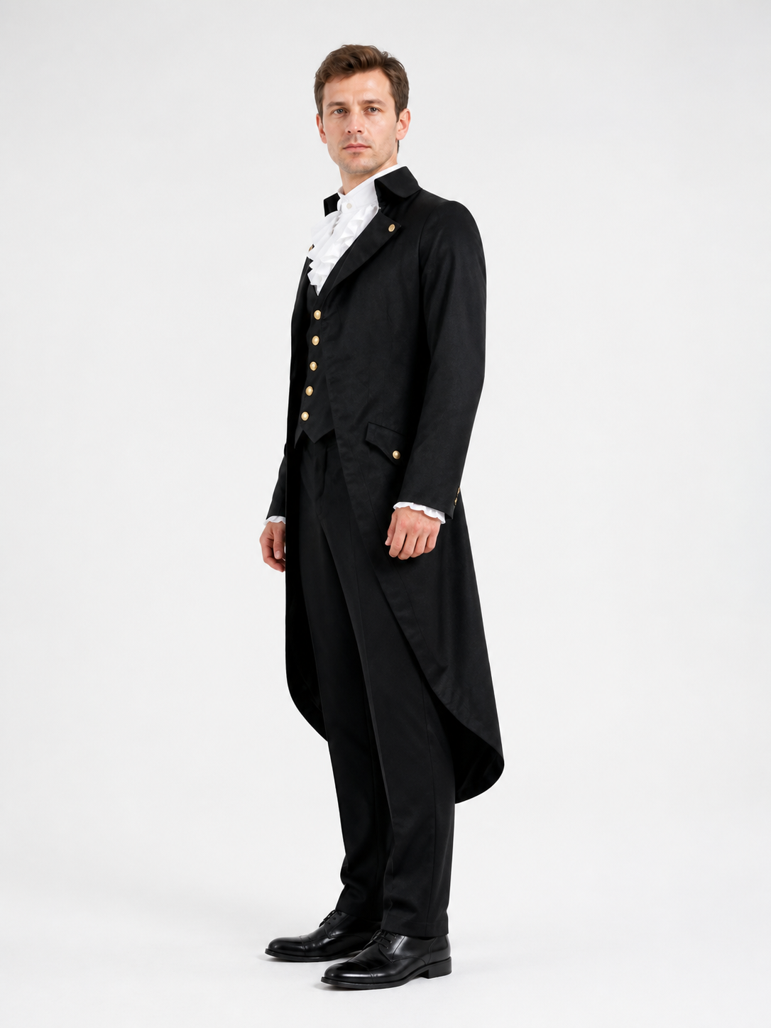 Black Gothic Victorian Tailcoat with Gold Buttons side view