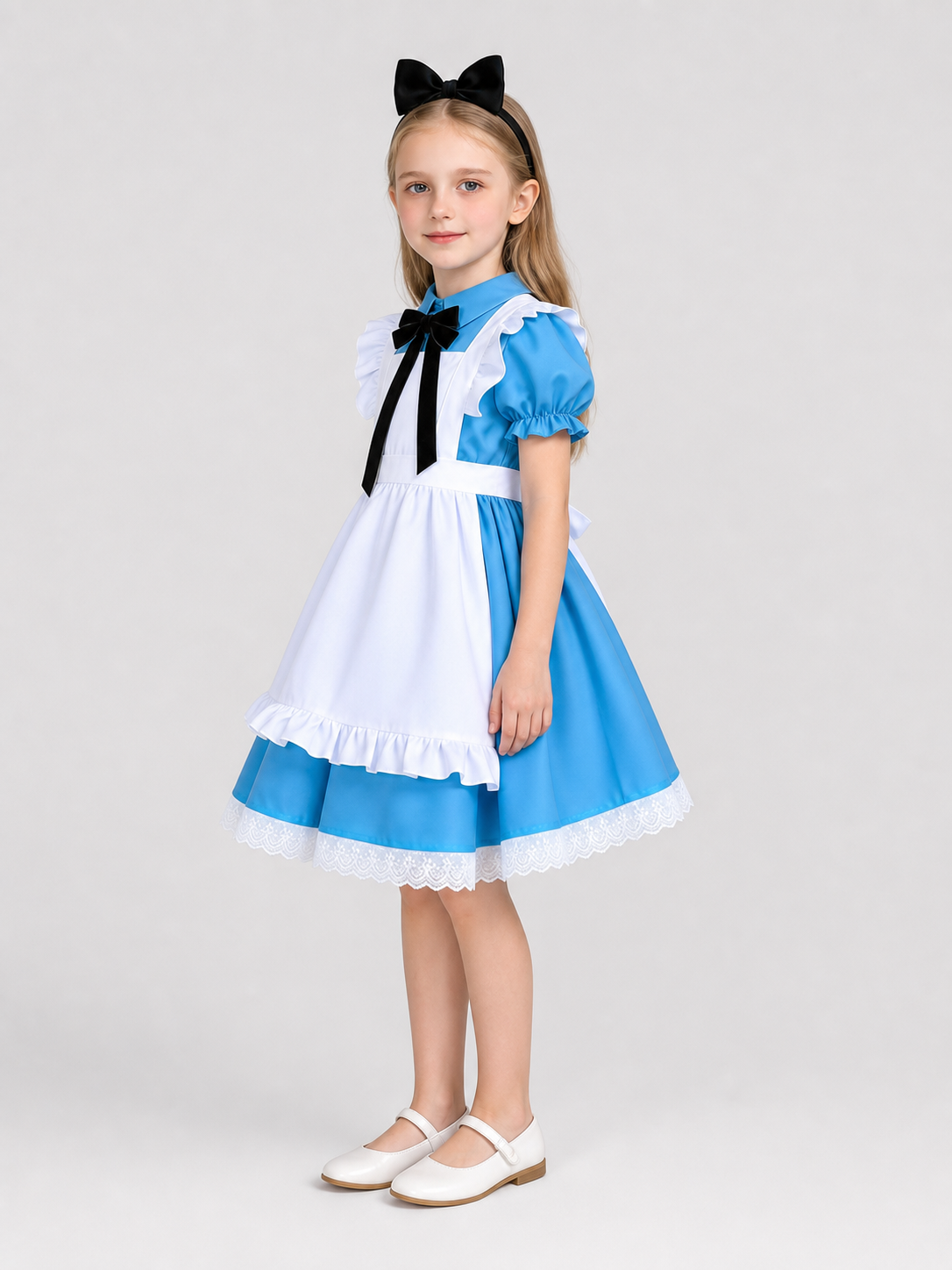 Dress with an apron, stand collar, and ruffles