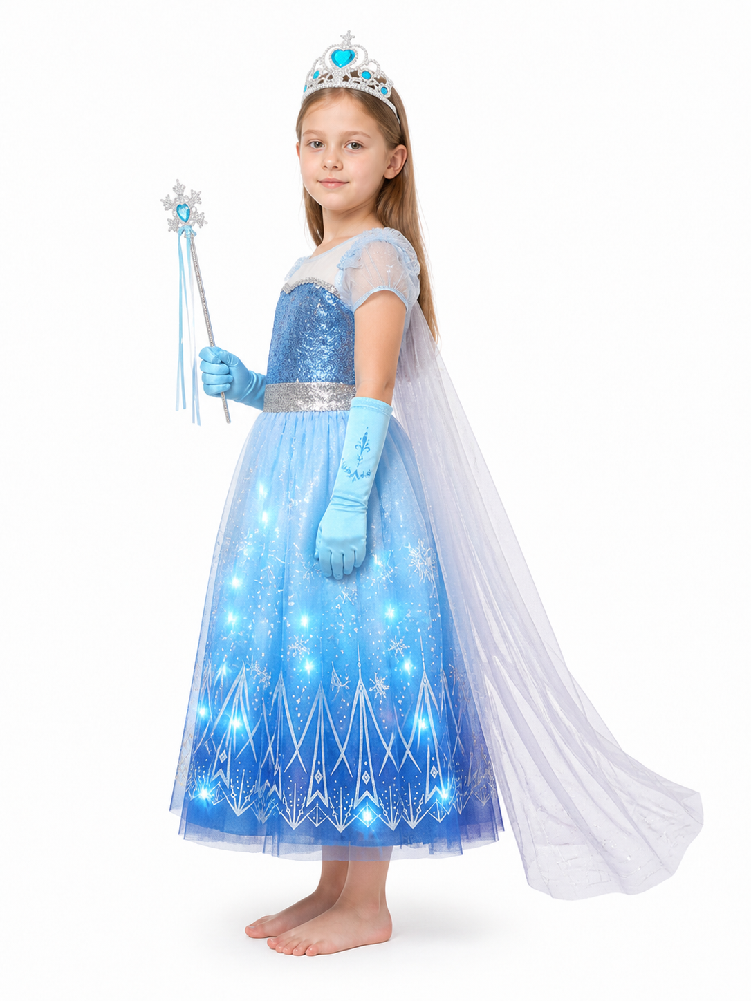 Light-Up Elsa Costume with Train and Snowflakes side view