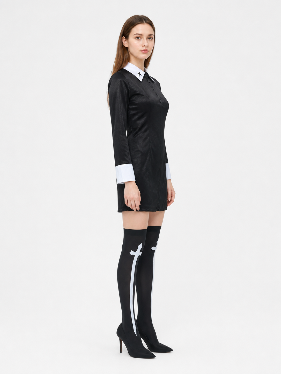 Black Stage Costume with White Collar and Cuffs side view
