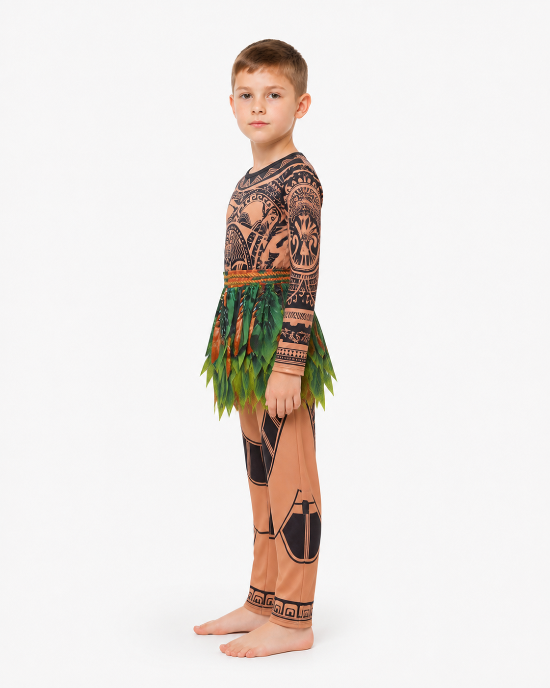 Maui Costume with Tattoo Design and Leaf Skirt side view
