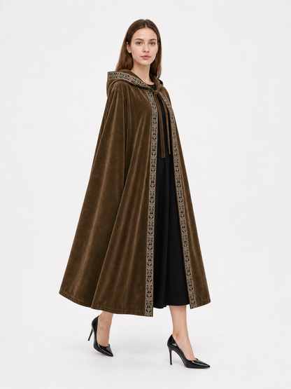 Long Hooded Robe, Brown, Loose Fit side view 4