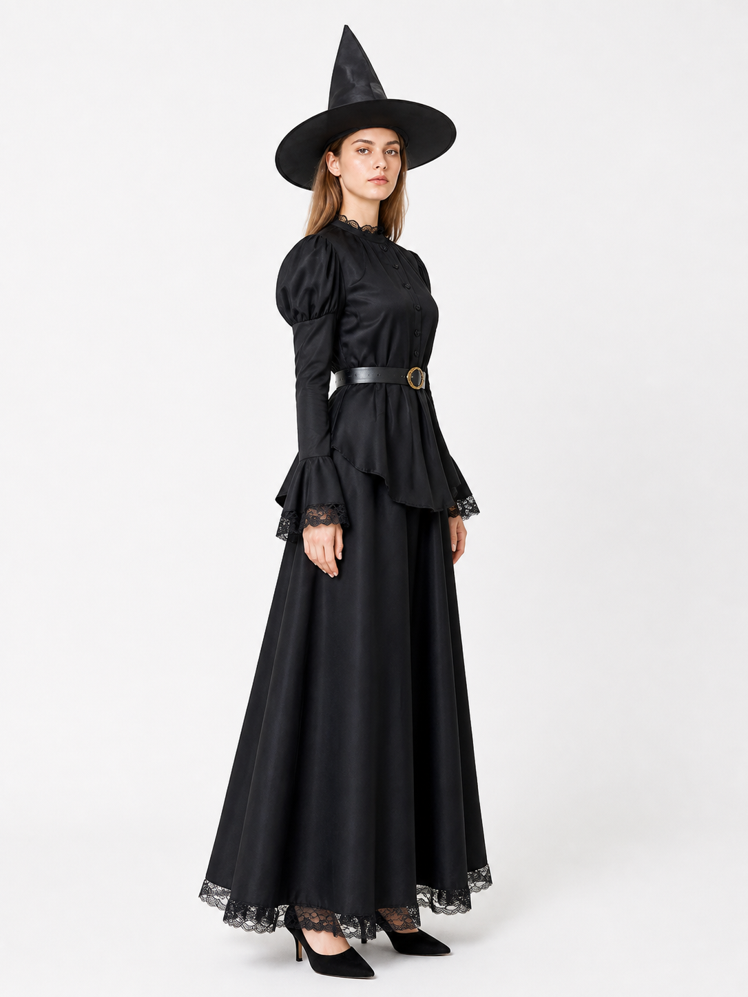 Witch Costume with Black Lace Dress, Hat, and Belt side view