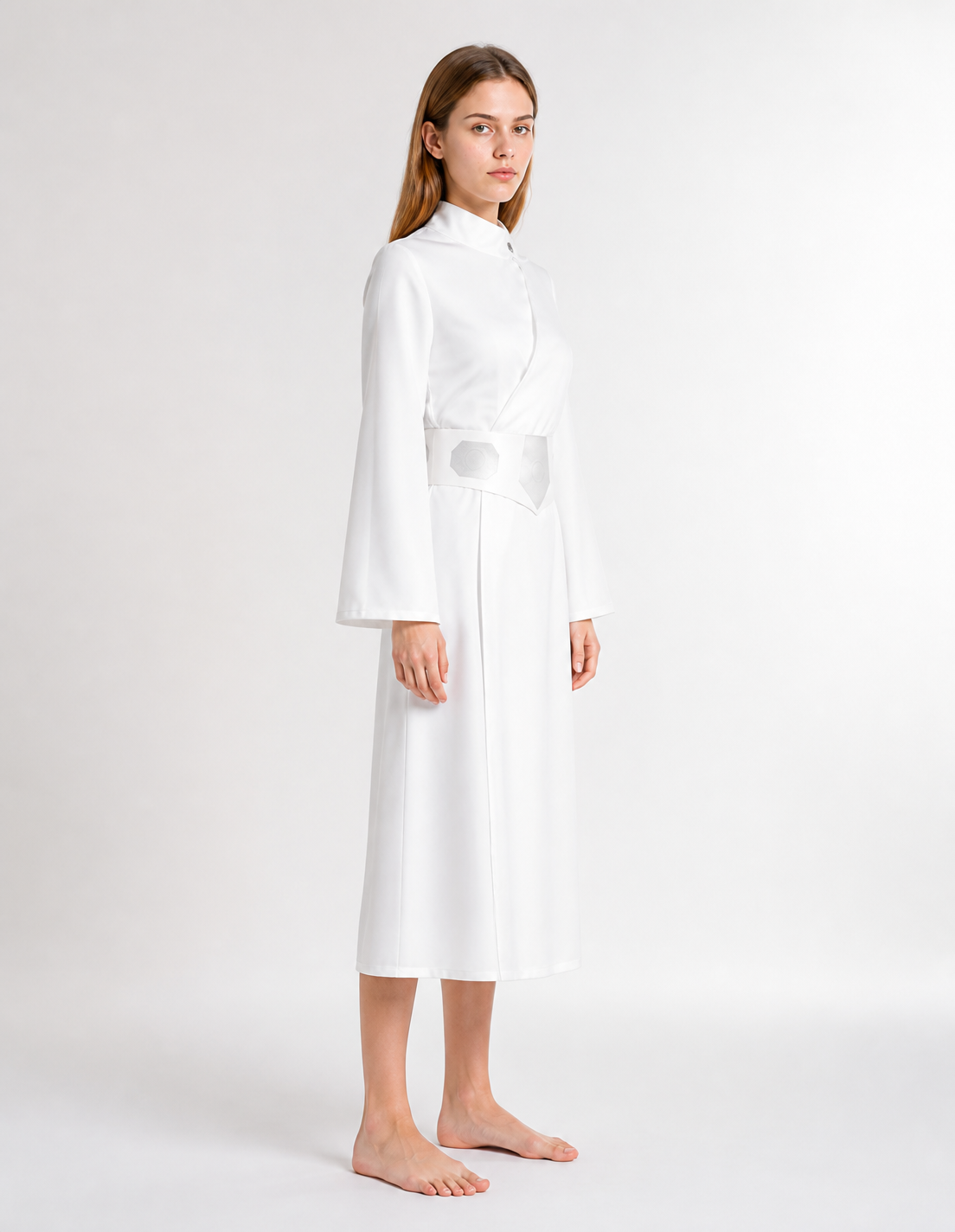 Long White Cosplay Dress with Belt side view