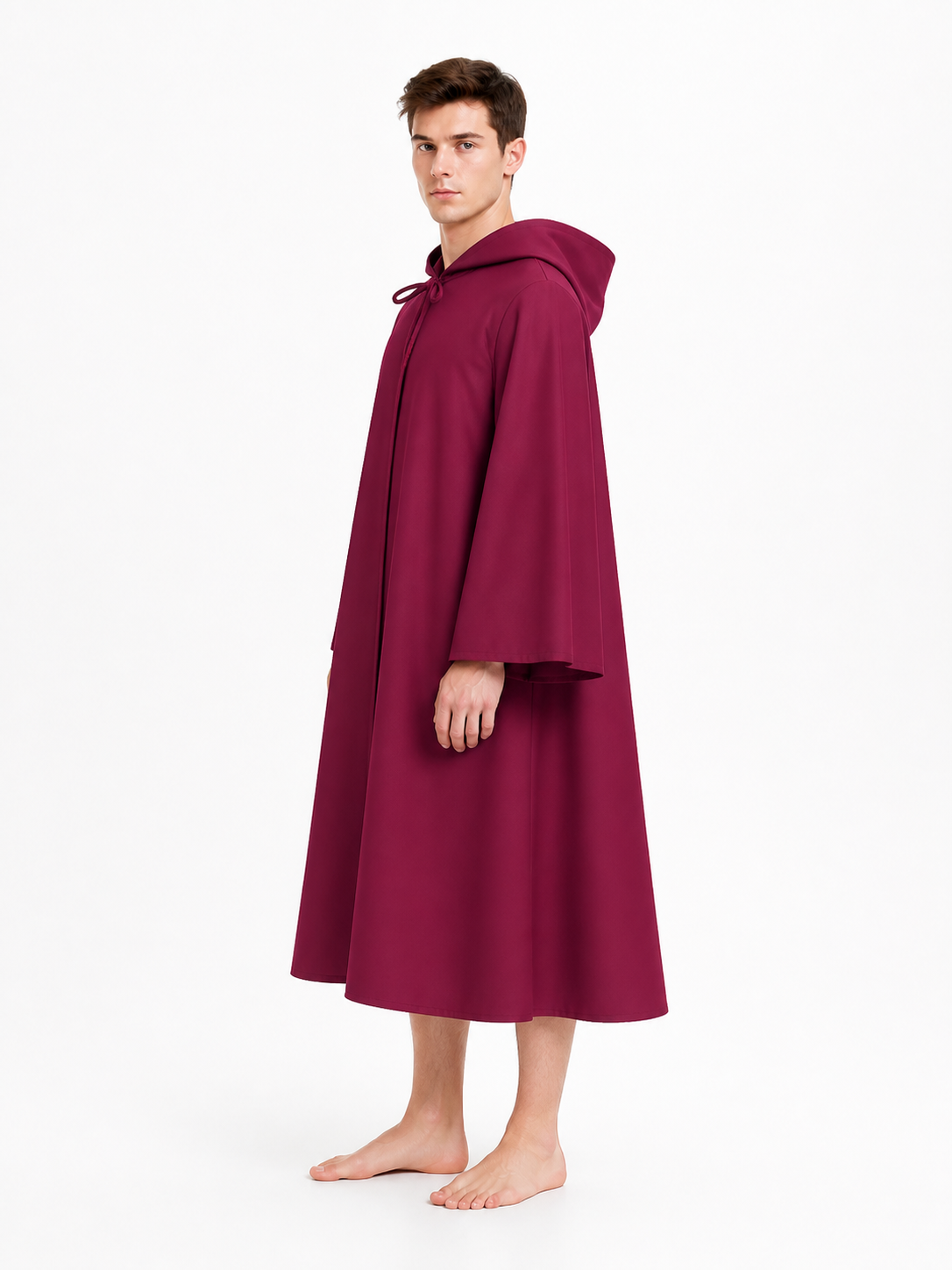 Long Burgundy Hooded Cloak with Flared Sleeves side view