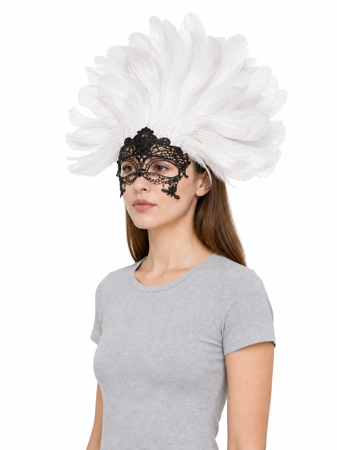 Masquerade Lace Eye Mask with White Feathers