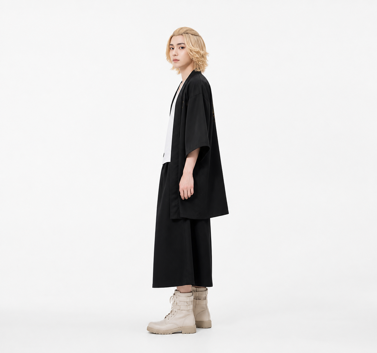 Black Anime Haori with Print and Short Sleeves side view