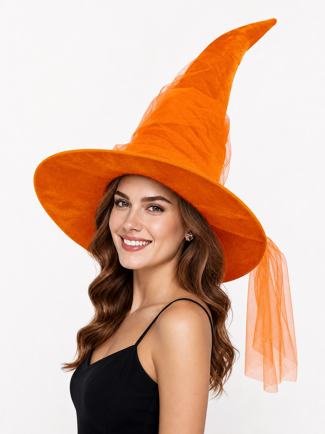 Orange Halloween Witch Hat with Very Tall Curved Pointed Crown, Wide Wavy Brim and Attached Sheer Veil for Costume Parties