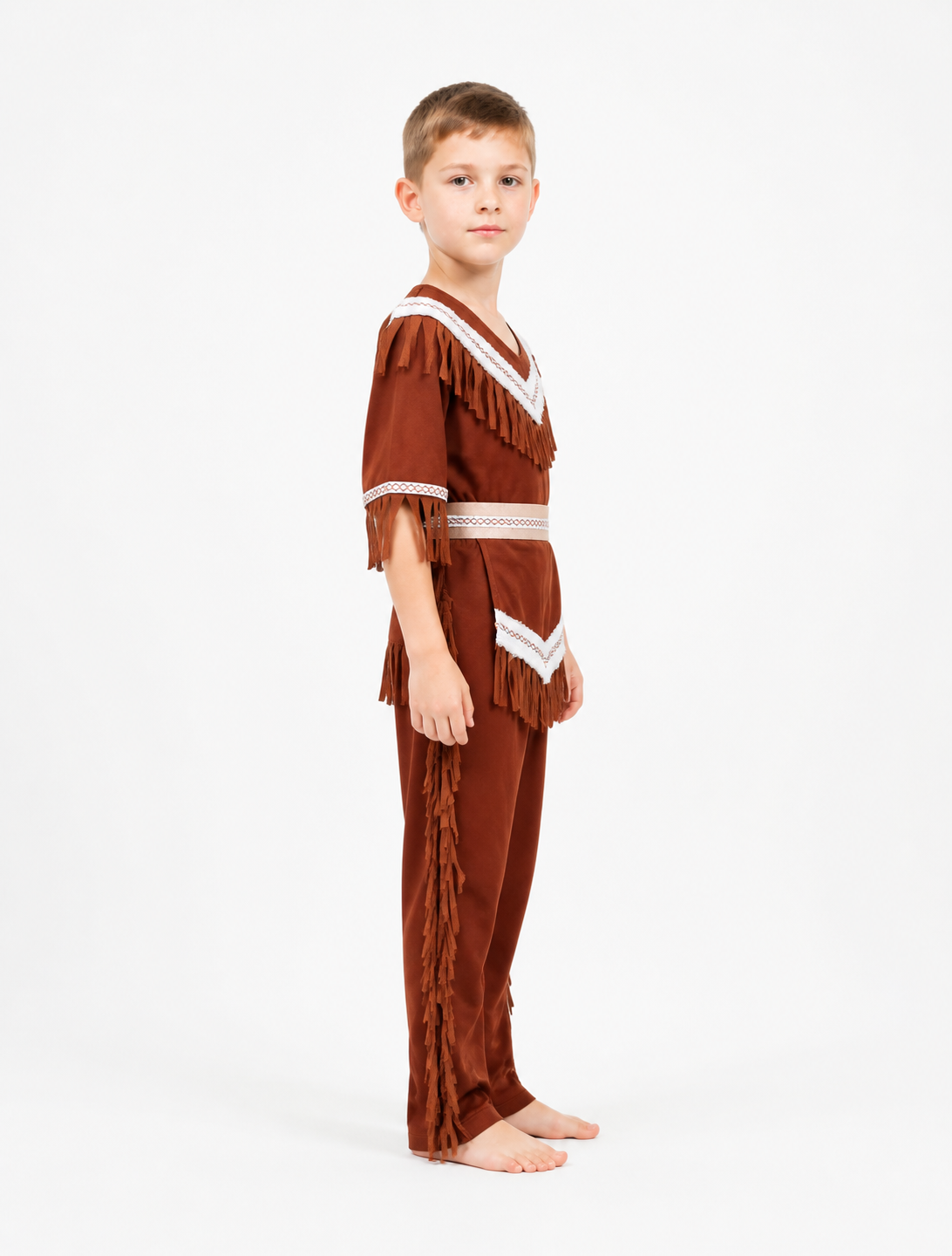 Children's Native American costume with fringe and white trim side view