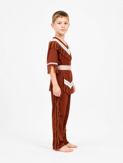 Children's Native American costume with fringe and white trim side view