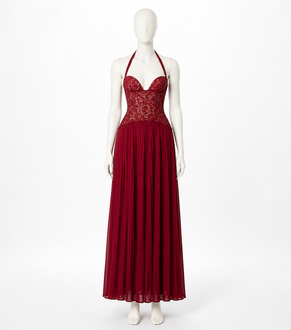 Maxi Dress with Halter Straps, Corset Bodice, and Pleated Skirt side view