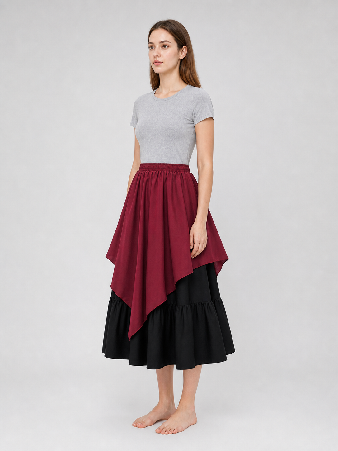Multi-Tiered Burgundy-Black Skirt with an Asymmetrical Hem