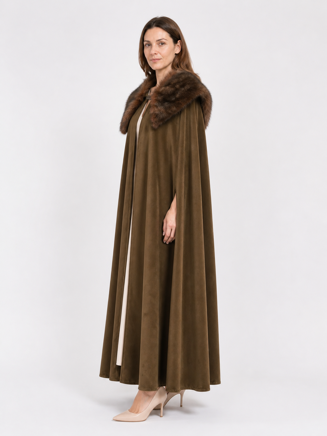 Long Open-Front Cape with Fur Collar, Brown