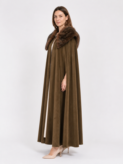 Long Open-Front Cape with Fur Collar, Brown