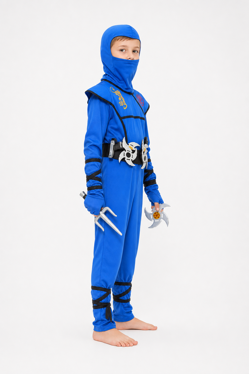 Blue Children's Ninja Costume for Halloween with Mask and Weapons