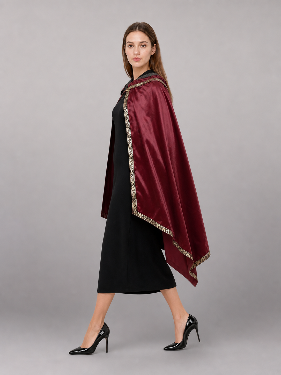 Burgundy velvet-look hooded costume cape product view 38