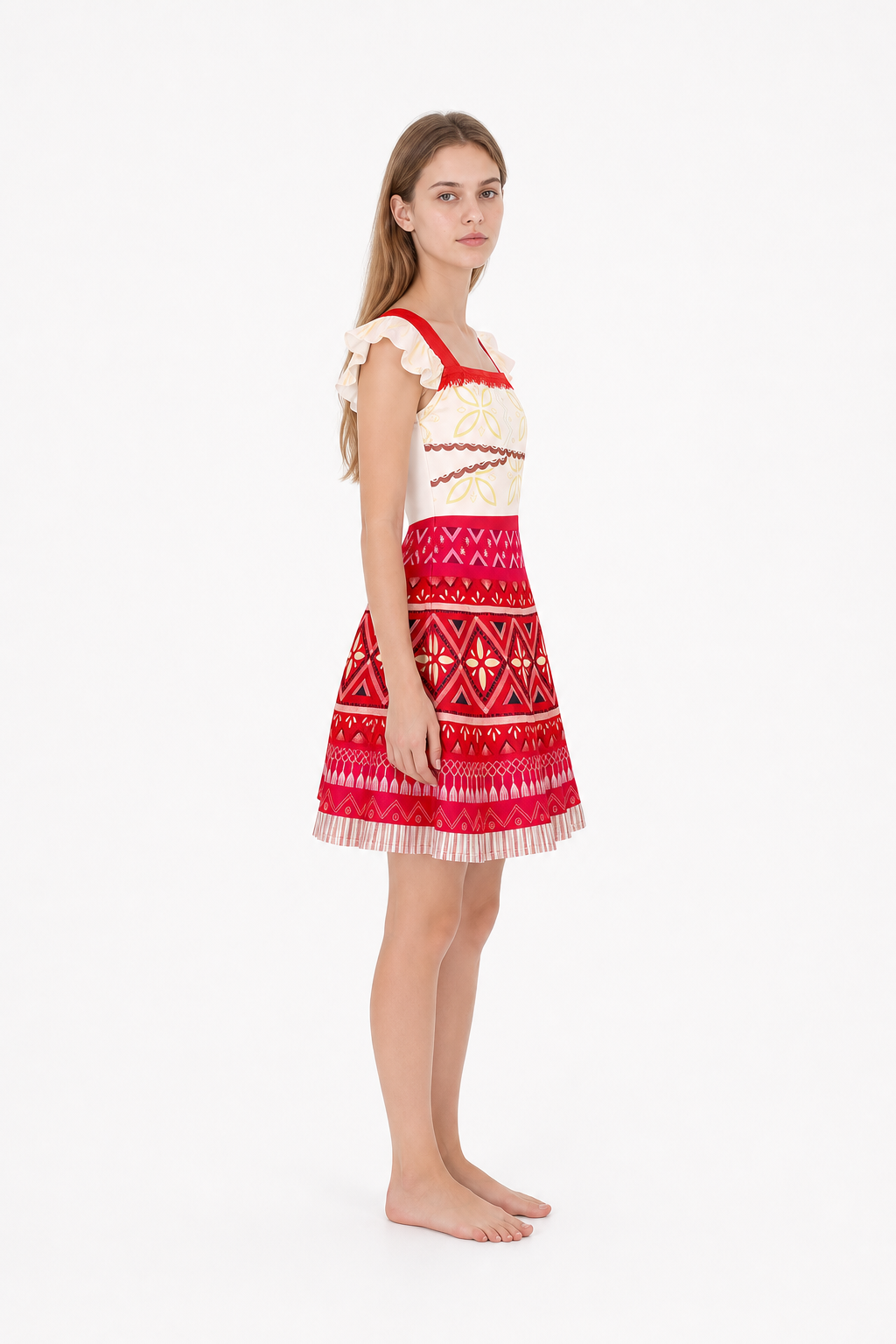 Moana Cosplay Dress with Fringe and Floral Print side view