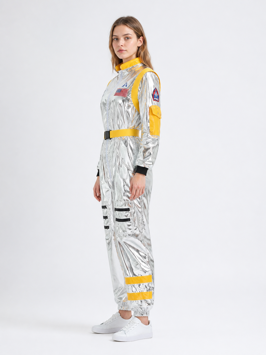 Silver Space Jumpsuit with Zippered Pockets side view