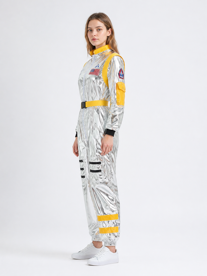 Silver Space Jumpsuit with Zippered Pockets side view