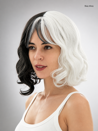 Black-and-White Carnival Wig, Medium Length, Wavy side view