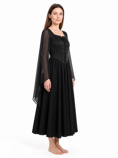 Black Renaissance Dress with Bell Sleeves and Lace-Up Detail side view