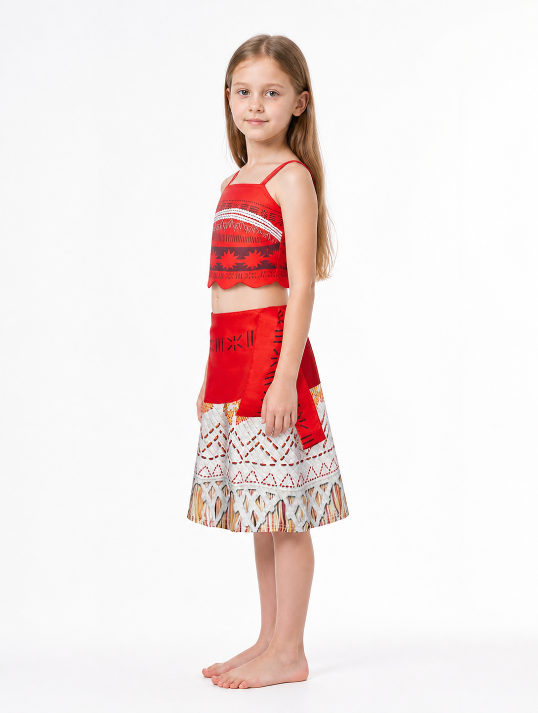 Children's red carnival costume with a top and skirt side view
