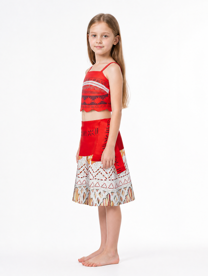 Children's red carnival costume with a top and skirt side view