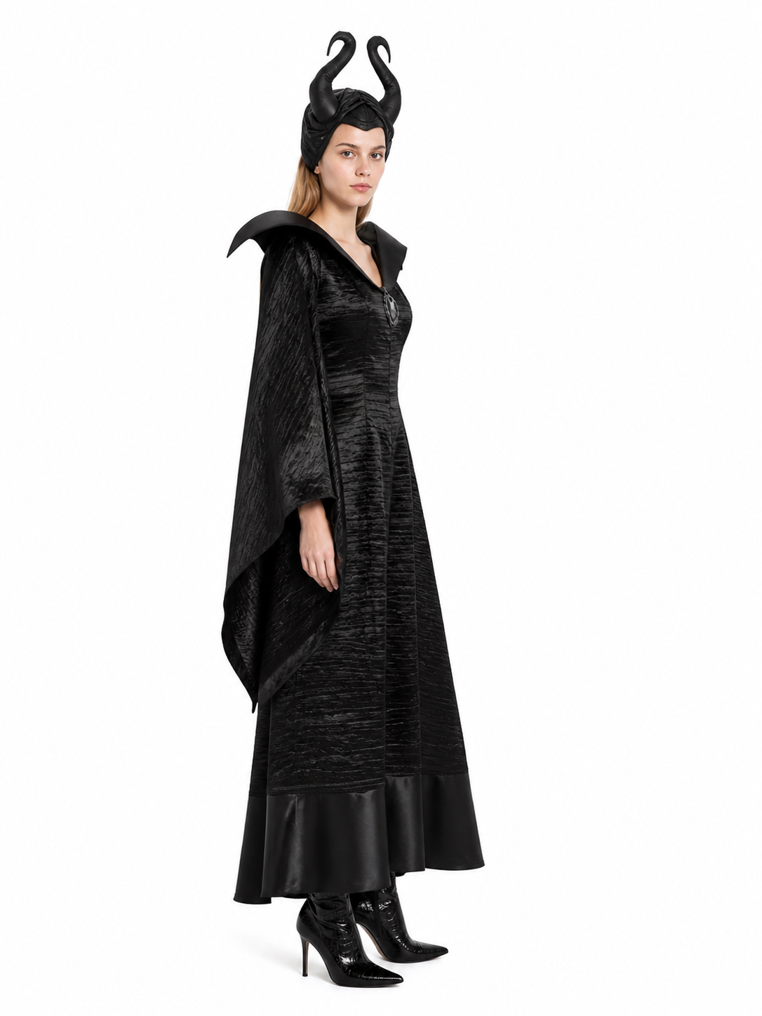Black Witch Costume with Wide Sleeves and Pointed Shoulders side view